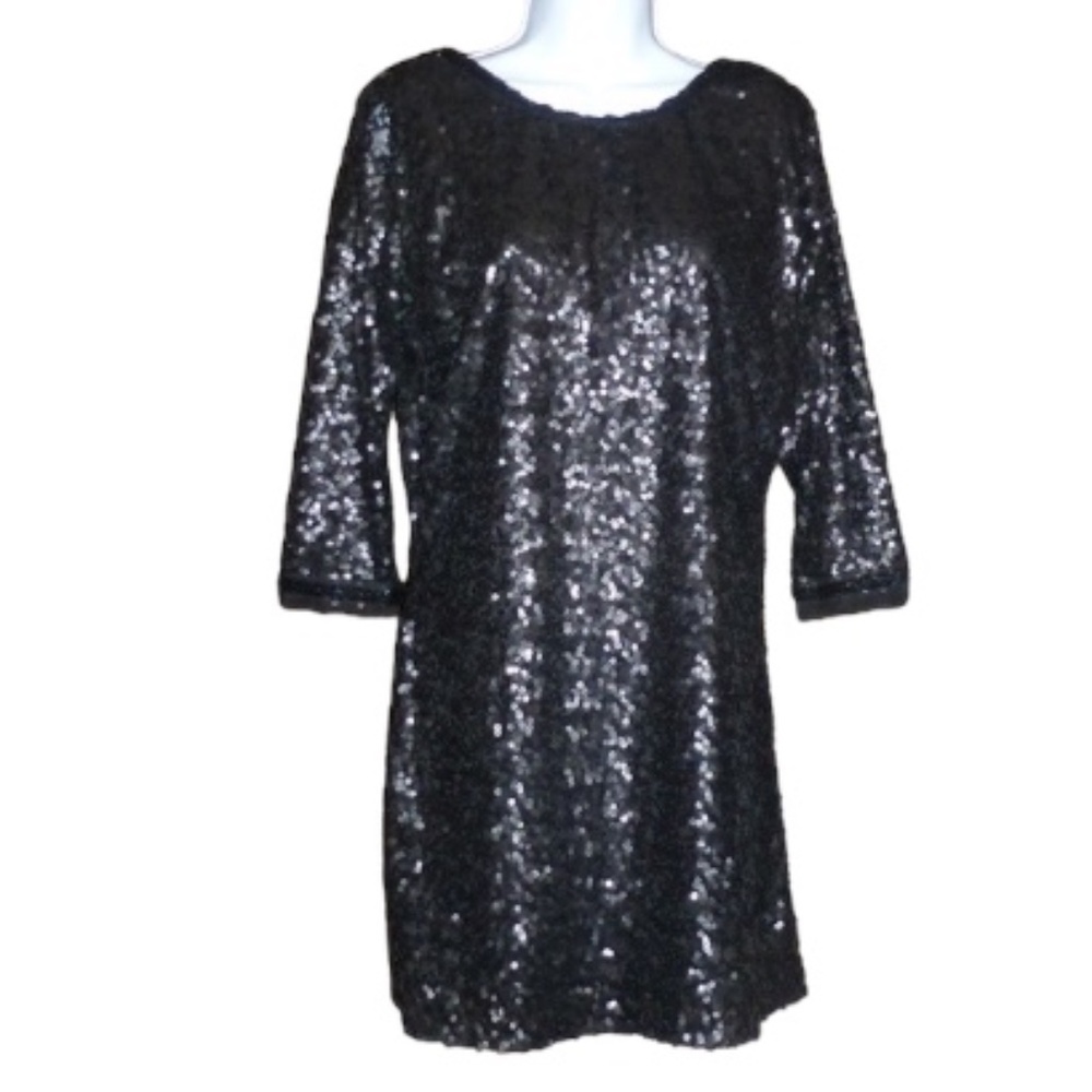Costa Blanca Black Sequin Shift Dress – Open Back Cocktail Party Dress Size S/P